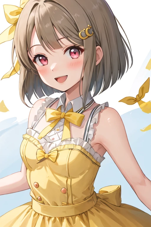 best quality, masterpiece, highres, solo, {nakasu_kasumi_loveliveschoolidolfestivalallstars:1.15}, short_hair, bangs, red_eyes, brown_hair, blush, smile, bob_cut, hair_ornament, bow, asymmetrical_hair, grey_hair, 1girl, looking_at_viewer, dress, one_eye_closed, idol, hair_bow, hairclip, ribbon, upper_body, yellow_dress, hair_ribbon, light_brown_hair, open_mouth, pink_eyes, sleeveless