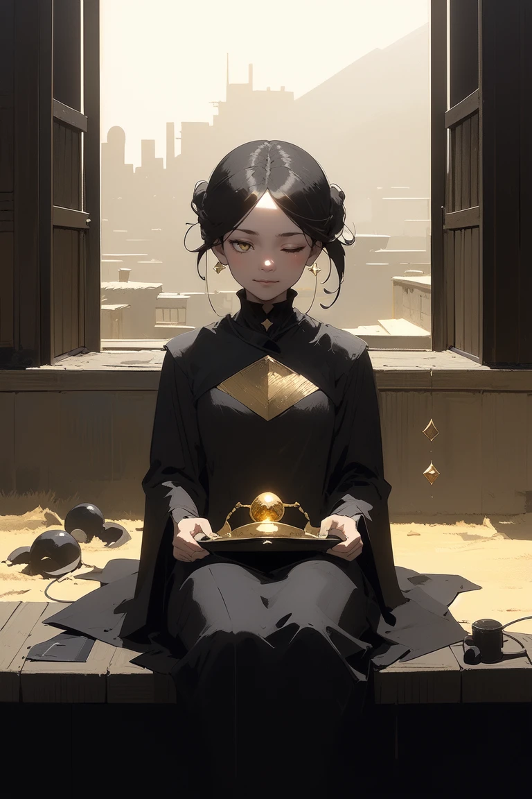 1girl, solo, black hair, undone updo, gold eyes, one eye closed, wink, sitting, legs together, upper body, face focus, from front, medium breasts, 
gold theme, masterpiece, best quality, atompunk, geometric landscape of a nervous insensitive ([westeros|kuromon ichiba market]:1.3) from inside of a kenya, lush cityscape and beach, noon, sunbeam, tired, shiny skin, futuristic clothing, Energy-harvesting accessories, such as a solar-powered handbag and kinetic-charging shoes, <lora:vibrant_1.5_0.1-000020:0.8>