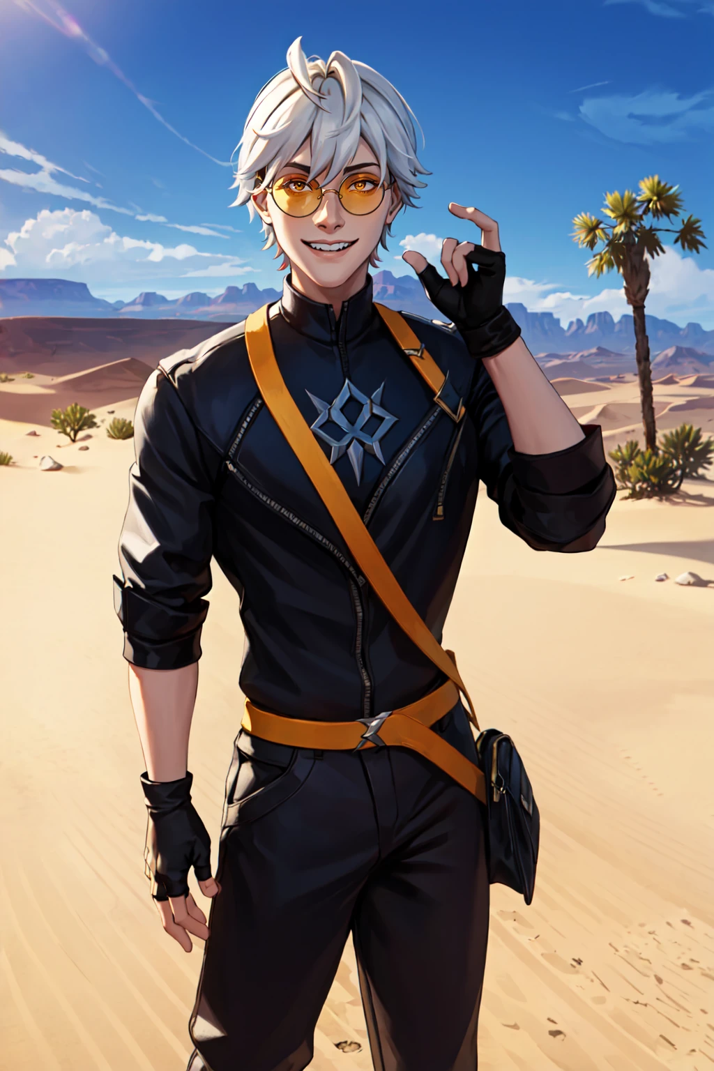 dsksks h34rtst33l, masterpiece, official art, absurdres, solo, looking at viewer, smile, short hair, gloves, holding, yellow eyes, white hair, glasses, fingerless gloves, sunglasses, round eyewear, tinted eyewear, 1boy, outdoors, Arizona Desert, League of Legends, <lora:Heartsteel_Style-05:0.6>