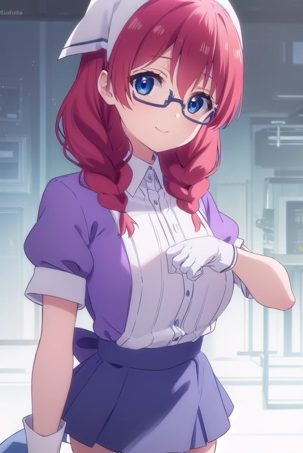 miuamano, <lora:miu amano s1-lora-nochekaiser:1>,
miu amano, long hair, bangs, blue eyes, braid, red hair, glasses, twin braids, semi-rimless eyewear, under-rim eyewear, smile,
BREAK skirt, shirt, thighhighs, gloves, short sleeves, pleated skirt, glasses, puffy sleeves, white gloves, apron, white thighhighs, puffy short sleeves, waist apron, purple skirt, purple shirt, waitress, head scarf,
BREAK indoors, restaurant,
BREAK looking at viewer, (cowboy shot:1.5),
BREAK <lyco:GoodHands-beta2:1>, (masterpiece:1.2), best quality, high resolution, unity 8k wallpaper, (illustration:0.8), (beautiful detailed eyes:1.6), extremely detailed face, perfect lighting, extremely detailed CG, (perfect hands, perfect anatomy),