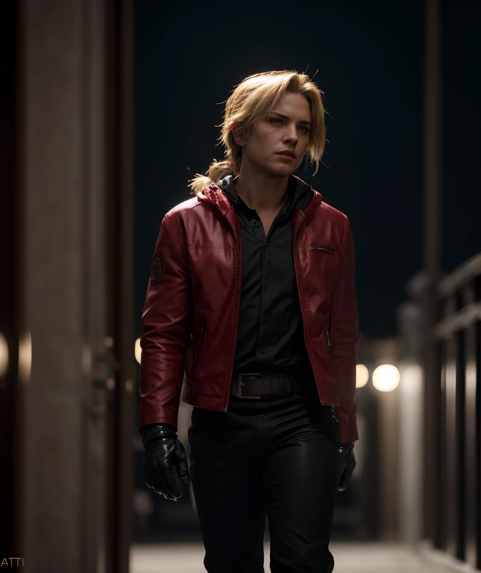 cinematic film still realistic, <lora:quiron_EdwardElric_v2_Lora:0.87> EdwardElricQuiron, 1boy, a single metallic mechanical arm, white gloves, red jacket, long hair, male focus, single braid, solo, . shallow depth of field, vignette, highly detailed, high budget Hollywood movie, bokeh, cinemascope, moody, epic, gorgeous, film grain, grainy