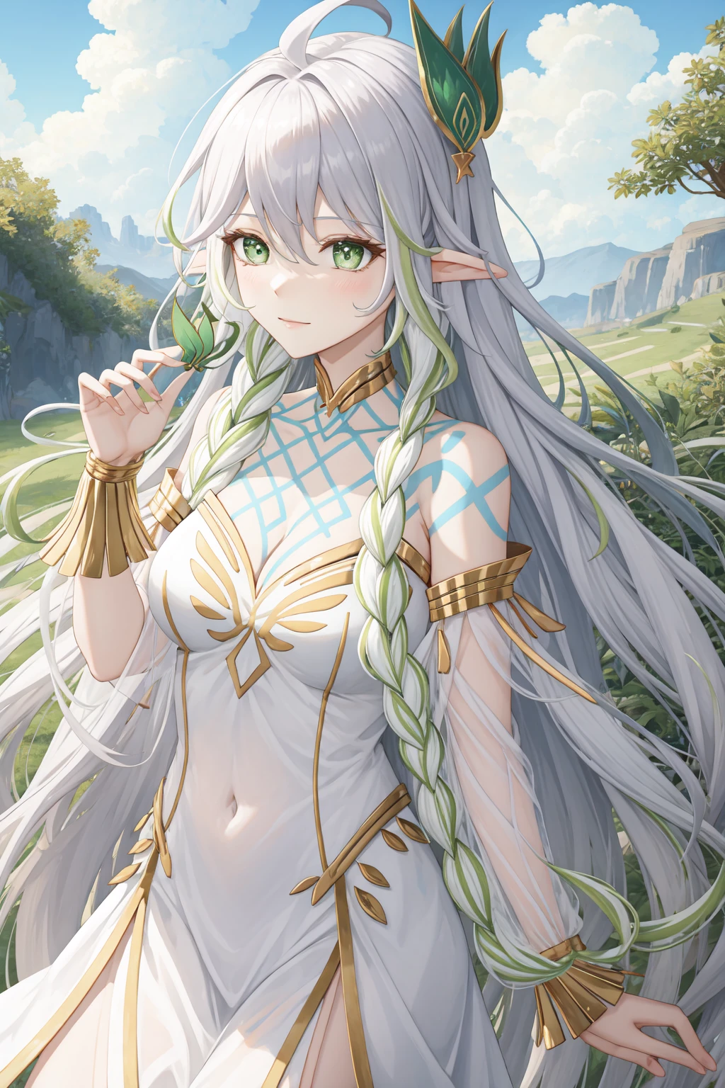 <lora:æ ç2-000010:0.8:lbw=char>,(dacishuwang:1.0),tattoo,rukkhadevata \\\(genshin impact\\\),long hair,green eyes,bangs,white dress,white hair,dress,braid,bare shoulders,detached sleeves,multicolored hair,symbol-shaped pupils,ahoge,dacishuwang,tattoo,, 1girl,
,  (masterpiece,best quality:1.2),absurdres