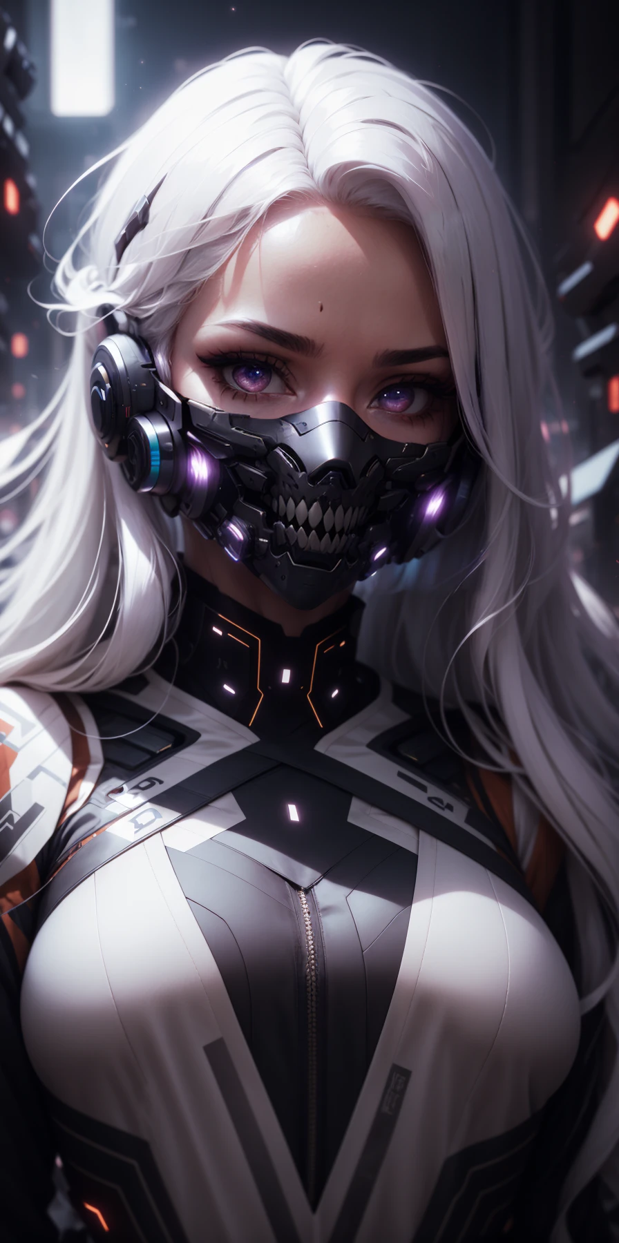 1girl,  solo,  long hair,  looking at viewer,  upper body,  white hair,  mask,  portrait,  science fiction,  white eyes,<lora:EMS-62703-EMS:0.300000>,<lora:EMS-269066-EMS:1.000000>