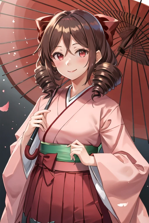 best quality, masterpiece, highres, solo, {harukaze_kantaicollection:1.15}, brown_hair, drill_hair, twin_drills, red_eyes, bow, hair_bow, red_bow, long_hair, smile, breasts, 1girl, japanese_clothes, kimono, looking_at_viewer, oil-paper_umbrella, pink_kimono, red_umbrella, umbrella, upper_body, holding_umbrella, meiji_schoolgirl_uniform, holding