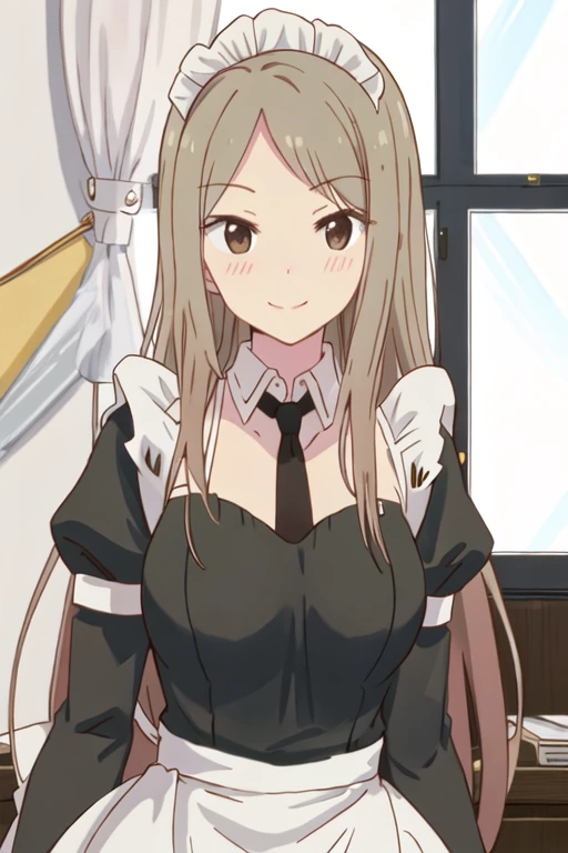 best quality, masterpiece, highres, solo, {maid:1.40}, {long maid dress:1.15}, {kotone_noda_sakuratrick:1.15}, blush, long_hair, brown_hair, smile, brown_eyes, blonde_hair