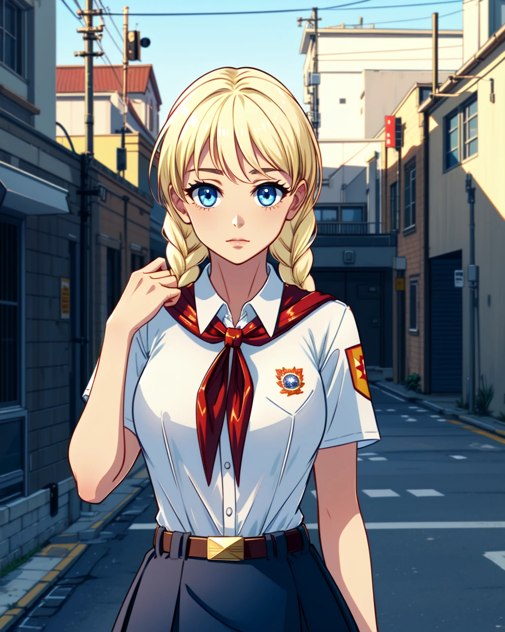 masterpiece, high quality, 1girl, blslavya, blue eyes, blonde hair, twin braids, hair over shoulder, white shirt, red badge on shirt, red bow-tied neckerchief, leather belt, blue skirt, detailed hands, (dynamic shot), medium shot, upper body, outdoors, city, street, day, <lora:blslavya-000005:0.7>, <lora:add_detail:0.5>