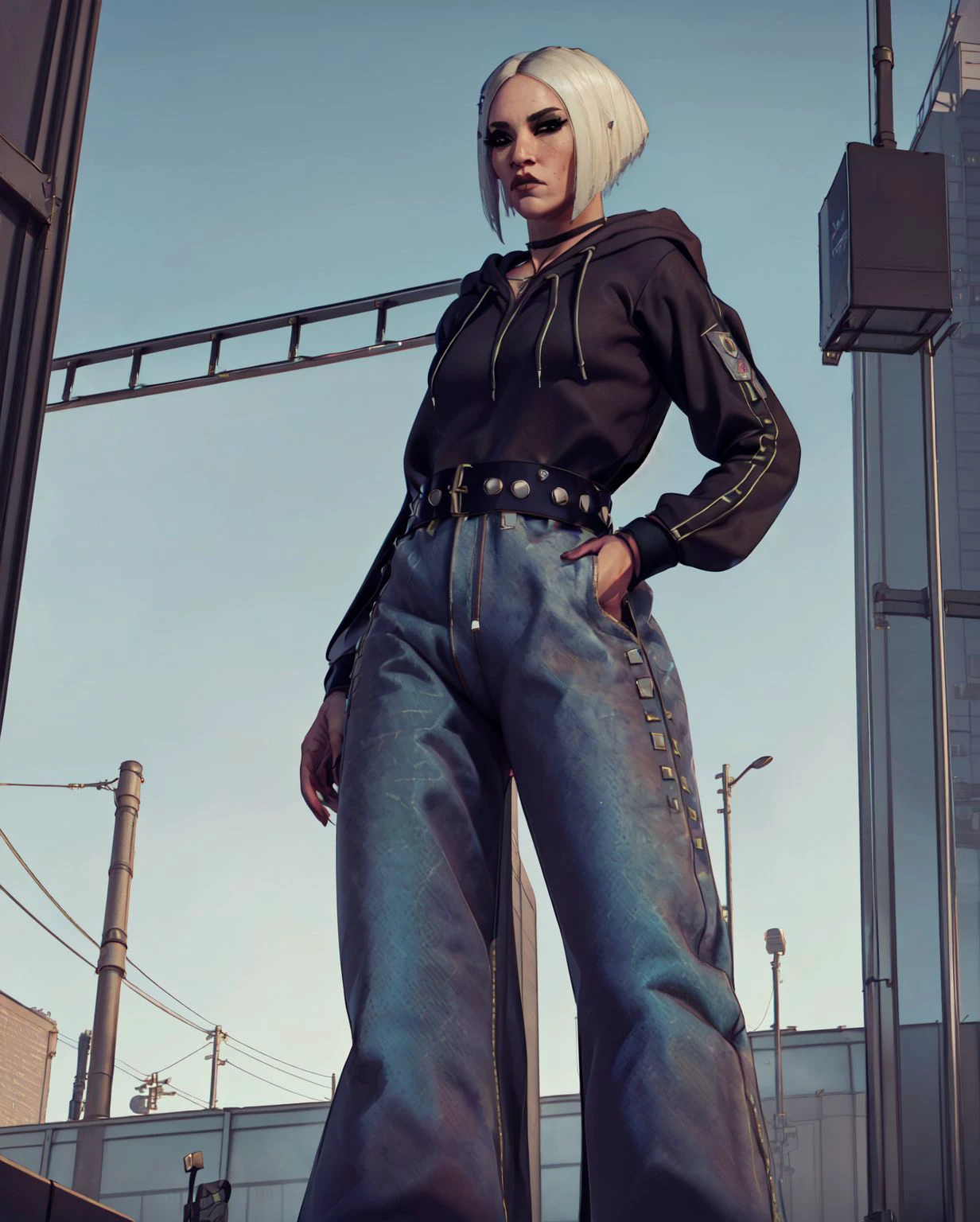 (intricately detailed, best quality, high resolution, highly detailed skin:1.3),  <lora:yuk1HM-10:0.7> female yuk1hm, short white hair, beauty mark, studded choker, (long-sleeve hoodie:1.4), ((extremely baggy:1.3) (bellbottom:1.5) jeans, hip vents, studded belt:1.4), (from below, extreme angle:1.4), (standing over viewer:1.4), looking at viewer, billboard, city block