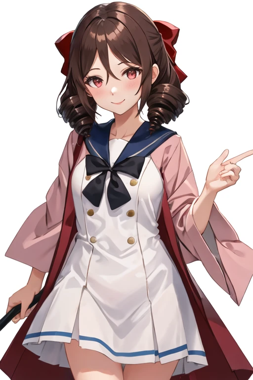 best quality, masterpiece, highres, solo, {harukaze_kantaicollection:1.15}, brown_hair, drill_hair, twin_drills, red_eyes, bow, hair_bow, red_bow, long_hair, smile, breasts, 1girl, cosplay, looking_at_viewer, simple_background, white_background, artist_logo, blush, dated, dress, blue_sailor_collar, sailor_collar, sailor_dress, white_dress