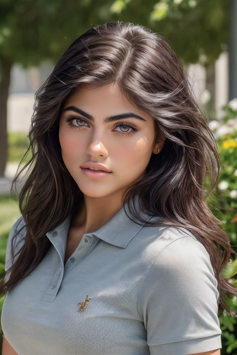 closeup headshot of S294_SaraOrrego,a beautiful woman,in a (garden:1.1),wearing a (polo-shirt:1.1),(4k, RAW photo, best quality, depth of field, ultra high res:1.1),(absurdres, intricate, photorealistic, masterpiece, ultra-detailed:1.1),