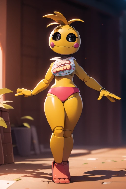 Chica from Five Nights at Freddy's, ((insanely big thighs)), ((fat rolls)), ((gigantic hips)), massive lower body, (thighs several times wider than body), thighs occupy lower half of frame, ((massive thighs)), ((ssbbw)), ((obese)), ((morbidly obese)), plain pink panties, grin, party room background, scary, ominous lighting, (((butt))), ((((widest possible thighs)))), (((booty)))