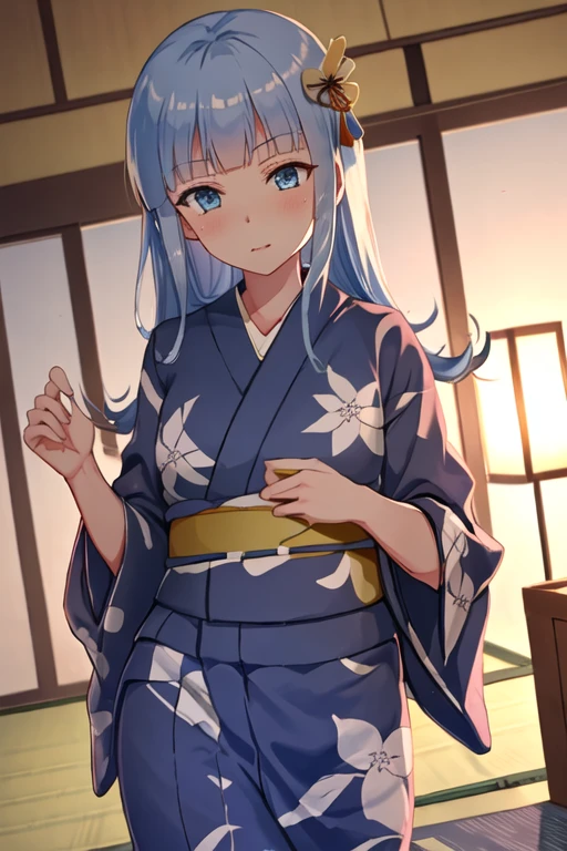 best quality, masterpiece, highres, solo, {yukata:1.40}, {kimono:1.20}, {hatsukaze_kantaicollection:1.15}, long_hair, blue_hair, blue_eyes, bangs, blunt_bangs, vest, blush