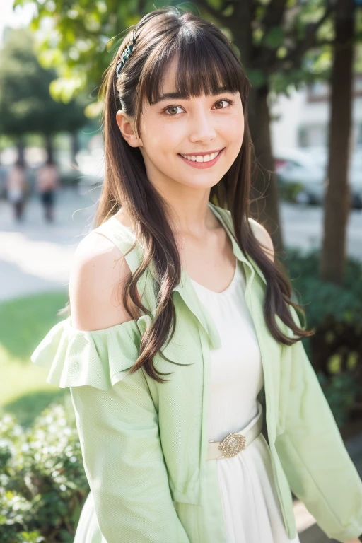 1girl, (light green seamless camisole, jacket:1.4),(sleeveless, off shoulder:1.4),(RAW photo, best quality), (realistic, photo-realistic:1.4), masterpiece, an extremely delicate and beautiful, extremely detailed, 2k wallpaper, Amazing, finely detail, extremely detailed CG unity 8k wallpaper, ultra-detailed, highres, soft light, beautiful detailed girl, extremely detailed eyes and face, beautiful detailed nose, beautiful detailed eyes,(cinematic lighting:1.4),(in the city:2.0),perfect anatomy,(slender body:1.6),(close up face:2.4),(gently smile,Friendly, warm:2.0),(looking at viewer:1.8),(japanese idol:1.8),(wavy long brown hair:1.6), (brown eyes:1.8),(dynamic posing:1.8), <lora:paytonnaomi_lora-13:0.8>
