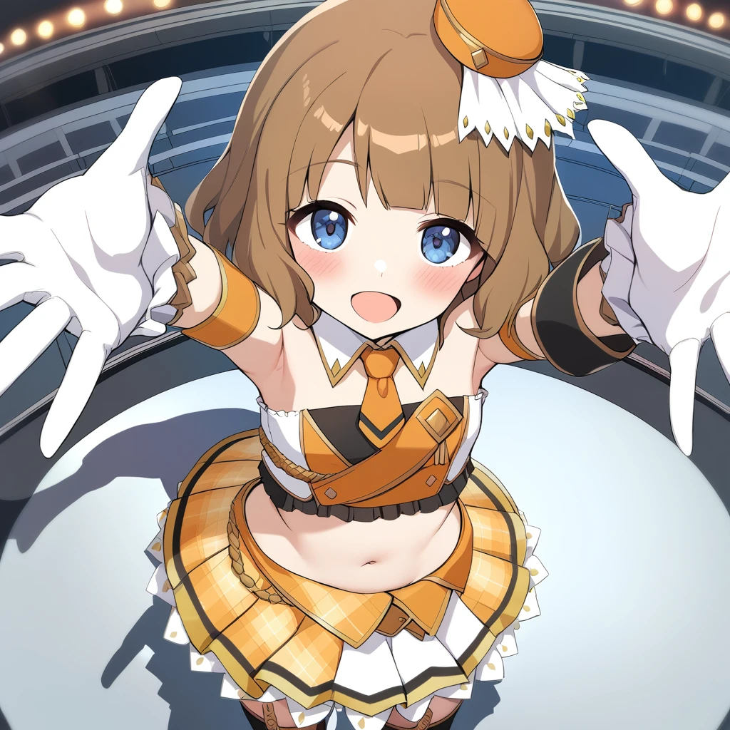 1girl, suou momoko, diamond chronicle, outstretched arms, crop top, bare shoulders, blunt bangs, brown hair, flat chest, smile, white skirt, short hair, arms up, layered skirt, orange neckwear, mini hat, navel, tilted headwear, short necktie, blush, standing, foreshortening, small breasts, from above, frilled skirt, black legwear, open mouth, :d, looking up, shadow, orange headwear, white gloves, reaching out, medium hair, eyebrows visible through hair, armpits, looking at viewer, orange bow, yellow skirt, stomach, frills, miniskirt, midriff, thighhighs, detached collar, idol, garter straps, orange skirt, blue eyes, reaching towards viewer, white collar, solo, sleeveless, yellow headwear, hat ornament, orange collar, orange necktie, aiguillette, plaid skirt, pleated skirt, two-tone skirt, frilled gloves, orange belt, armband, stage , masterpiece, best quality <lora:suou_momoko_sdxl_v1:0.7>