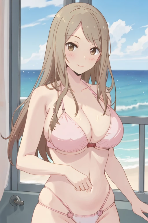 best quality, masterpiece, highres, solo, {kotone_noda_sakuratrick:1.15}, blush, long_hair, brown_hair, smile, brown_eyes, blonde_hair, breasts, cleavage, 1girl, large_breasts, swimsuit, bikini, window, bra, looking_at_viewer, underwear, upper_body