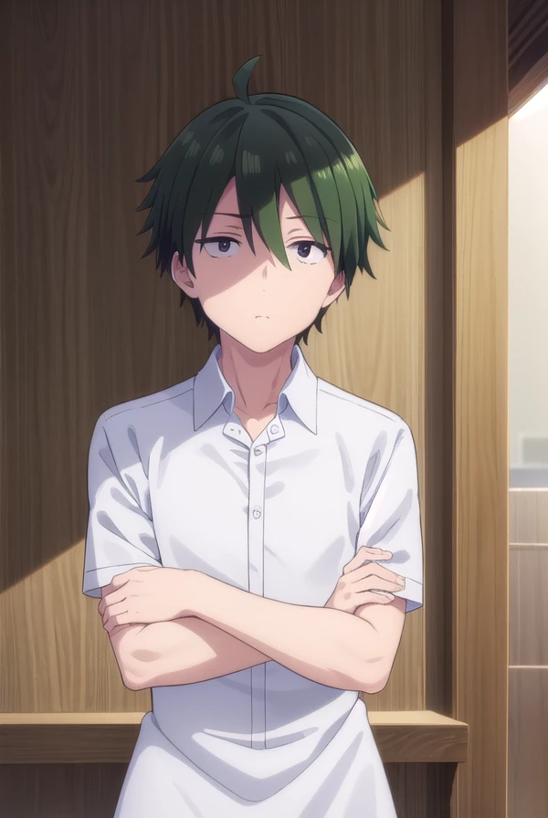 kouyouakizuki, <lora:kouyou akizuki s1-lora-nochekaiser:1>,
kouyou akizuki, ahoge, male focus, green hair, (black eyes:1.5),
BREAK shirt, apron, waist apron, waiter, shirt, white shirt, collared shirt,
BREAK indoors, restaurant,
BREAK looking at viewer, (cowboy shot:1.5),
BREAK <lyco:GoodHands-beta2:1>, (masterpiece:1.2), best quality, high resolution, unity 8k wallpaper, (illustration:0.8), (beautiful detailed eyes:1.6), extremely detailed face, perfect lighting, extremely detailed CG, (perfect hands, perfect anatomy),