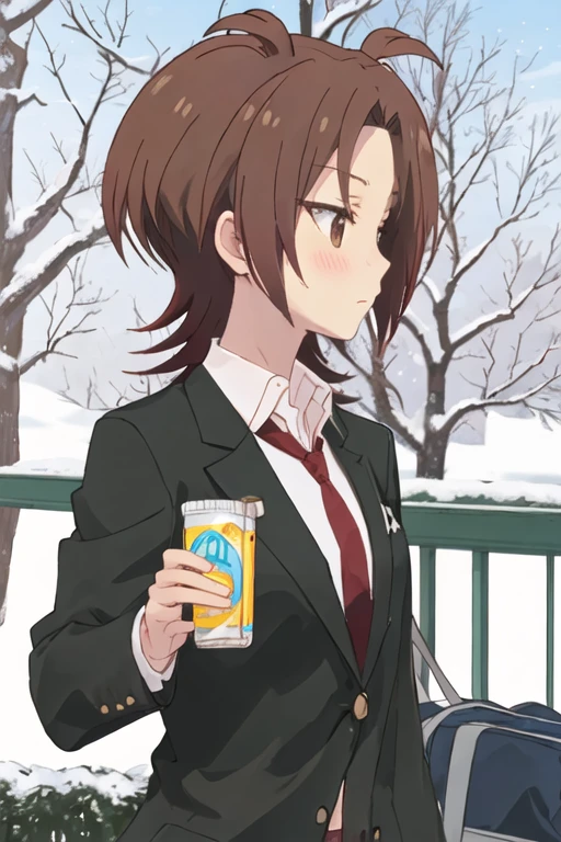 best quality, masterpiece, highres, solo, {yuzu_iizuka_sakuratrick:1.15}, brown_hair, blush, brown_eyes, short_hair, necktie, school_uniform, shirt, upper_body, red_necktie, white_shirt, 1girl, 1boy, blazer, jacket, male_focus, profile, closed_mouth, collared_shirt, from_side