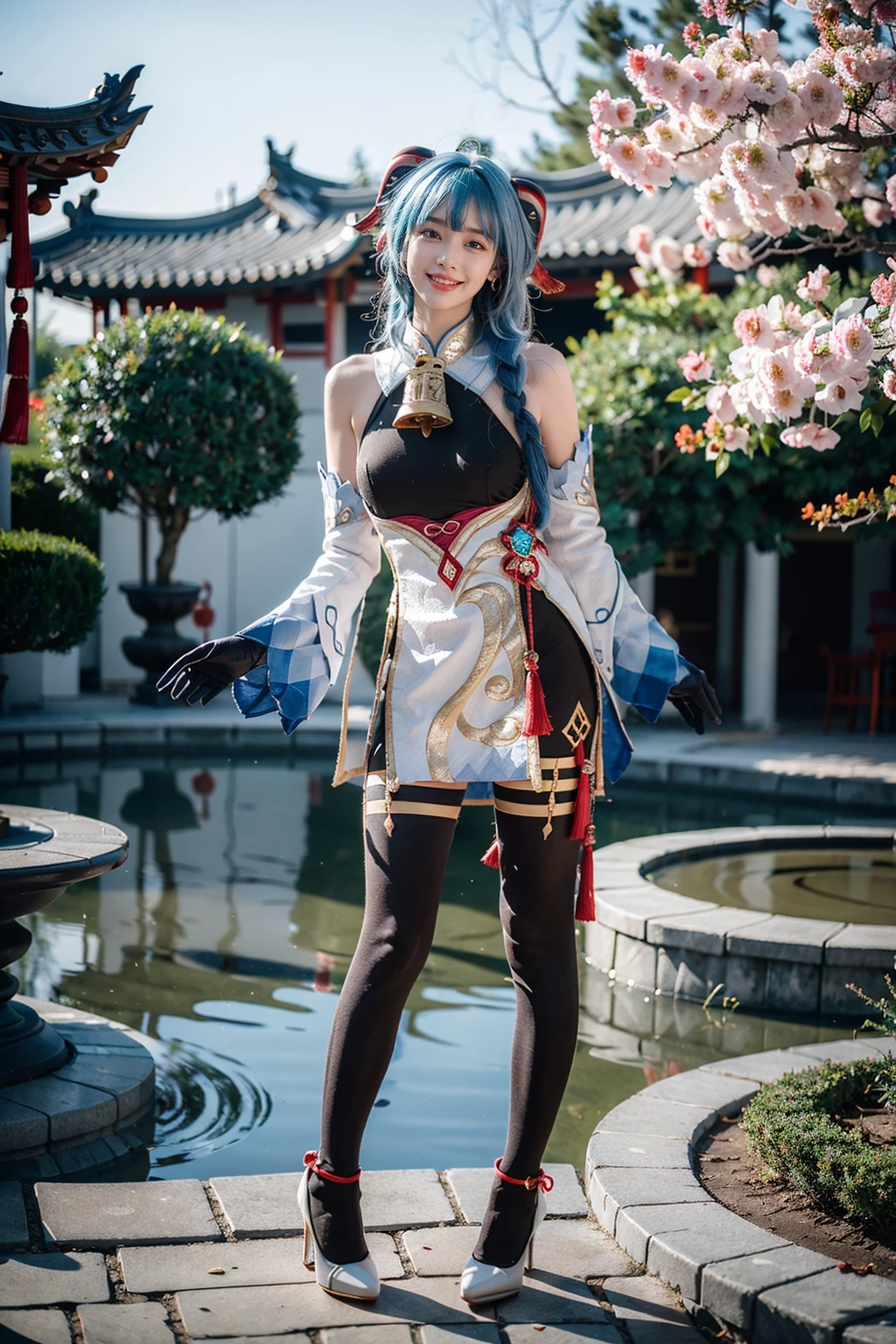 best quality, masterpiece, Practical, photoPractical, 1 Girl, Solitary, Looking at the audience, Cowboy shooting, shen_he_, (Genshin Impact_Influence), (White tights), (Hair accessories), White hair, (Braided ponytail), Black sleeves, Breast curtains, Jewelry, - Hip vents, Shoulder cutouts, Umbilical cord, sandals, old Chinese building, Chinese garden, flower, Tree,