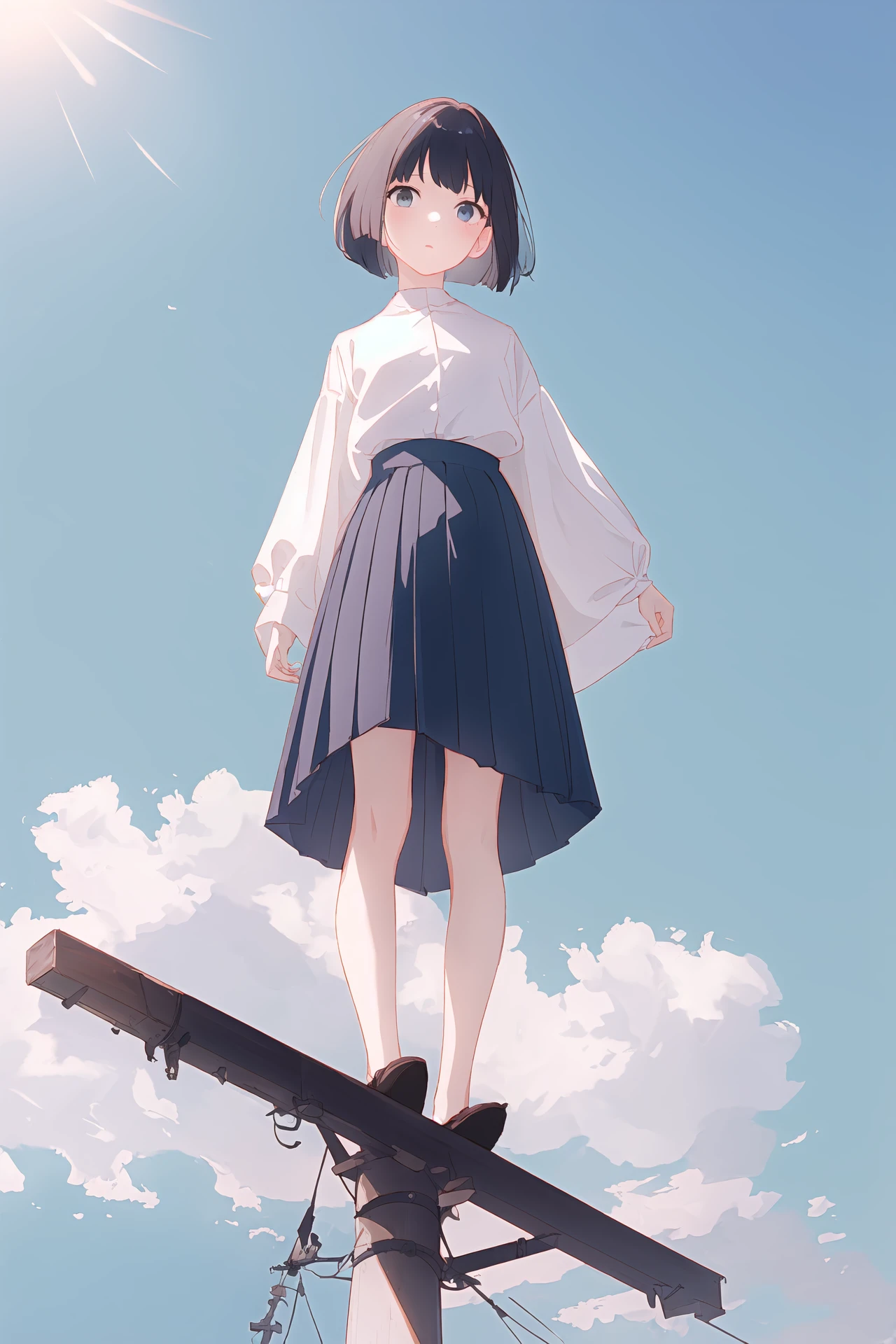 girl、whole body、shortcut、white short sleeve shirt、mini skirt、white socks、black shoes、Upright and immobile、looking up at the sky