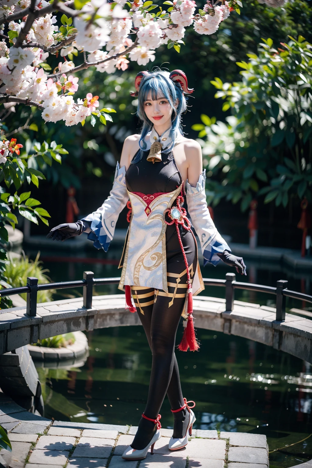 best quality, masterpiece, photorealistic, 1girl, solo, looking at viewer, smile, closed mouth, full body, standing, ganyu cosplay costume, cosplay, blue hair, long hair, horns, bangs, ahoge, sidelocks, tight, black bodysuit, body stocking, detached sleeves, gloves, neck bell, chinese knot, tassel, (white high heels:1.2), chinese garden, flower , tree, water, <lora:genshin_Ganyu_cosplay_v1:0.7>