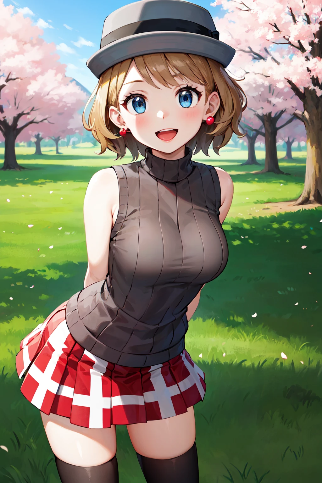 Nsfw, pkmnserena, 1girl, solo, mature girl, blue eyes, blonde hair, short hair, bangs, hat, grey headwear,
black shirt, turtleneck, sleeveless, big breast, visible nipples, burst, thick thigh, red skirt, pleated skirt, black thighhighs,
smile,closed mouth,cowboy shot,sitting,
forest,outdoor,
(insanely detailed, beautiful detailed face, masterpiece, best quality) cinematic lighting,