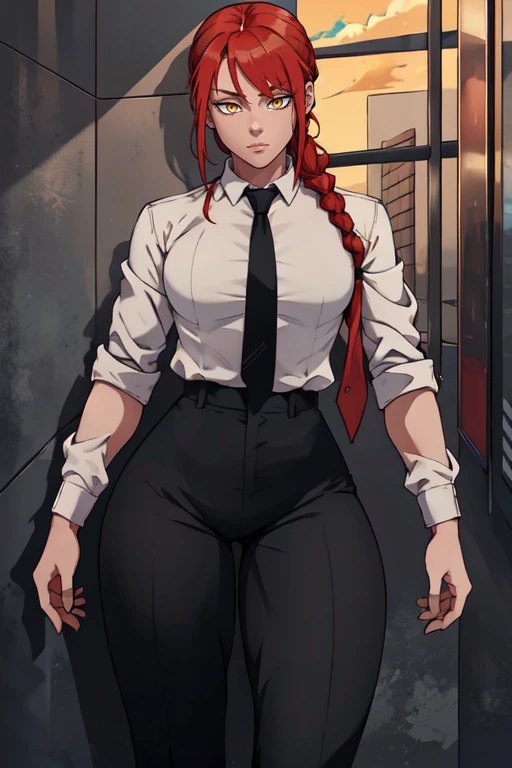 masterpiece,best quality,extreme detail,8k,<lora:makima-12:0.8>,makima2,1girl,solo,red hair,yellow eyes,ringed eyes,braided ponytail,With jacket: shirt,long sleeves,jacket,white shirt,necktie,collared shirt,pants,black jacket,black pants,formal,suit,black necktie,curvy
