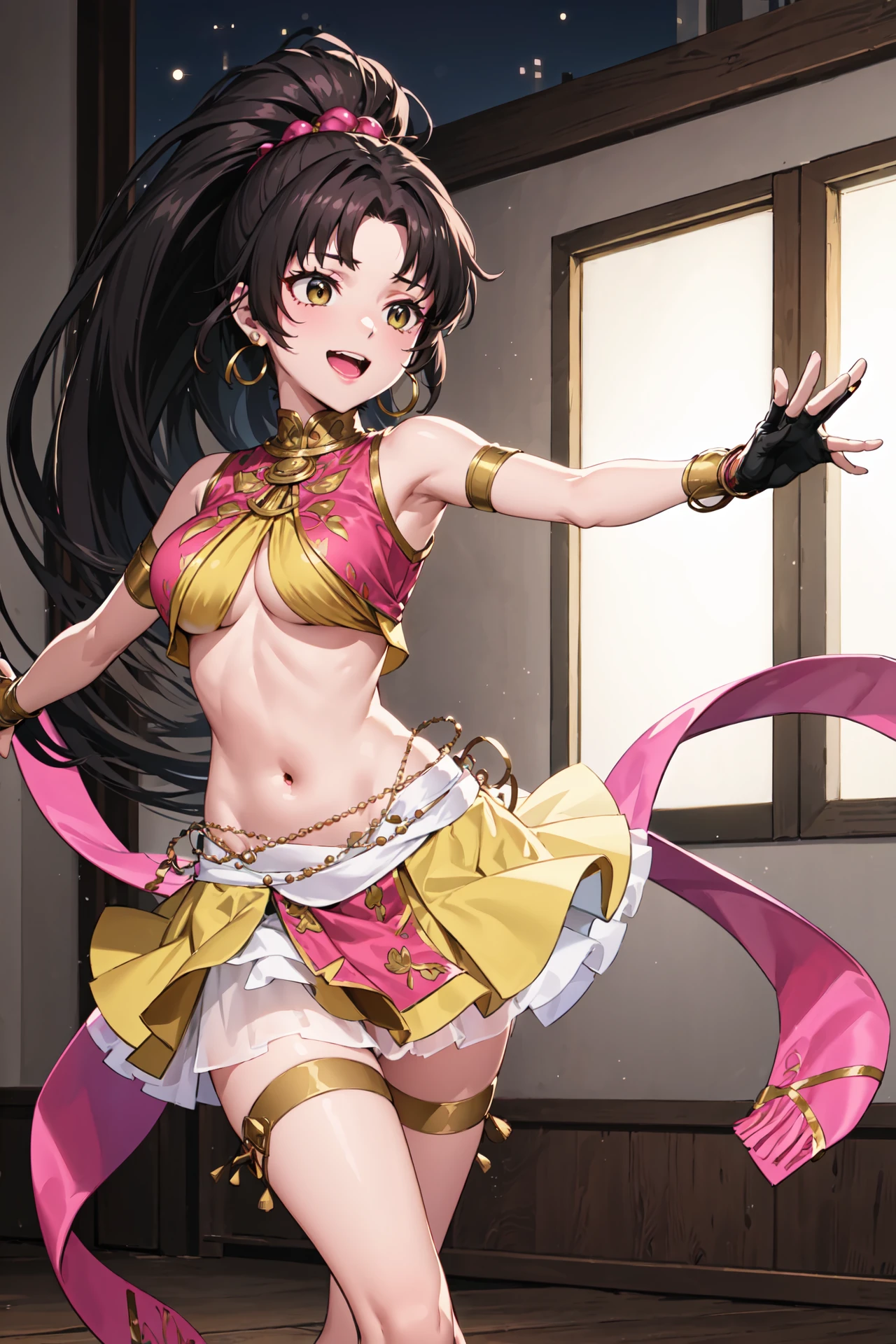 (upper_body,dancing:1.1),laughing,<lora:laraV1:0.85>,dan_lara,high ponytail,  fingerless gloves, jewelry, earrings, skirt,bracelet, midriff, armlet, thighlet, bare shoulders, underboob, thighs, pink toeless footwear, thigh strap, yellow miniskirt, sleeveless, beads, white skirt,dance hall,dance party,night,indoors,(masterpiece, best quality, ultra-detailed, best shadow)