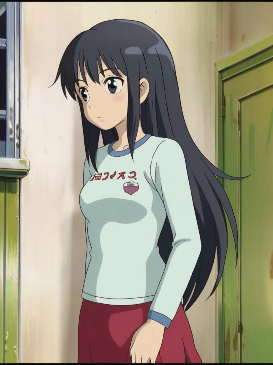 hayao miyazaki, 1girl, solo, long hair, small breasts, looking at viewer, smug, bangs,compression shirt , yokozuwari, garage