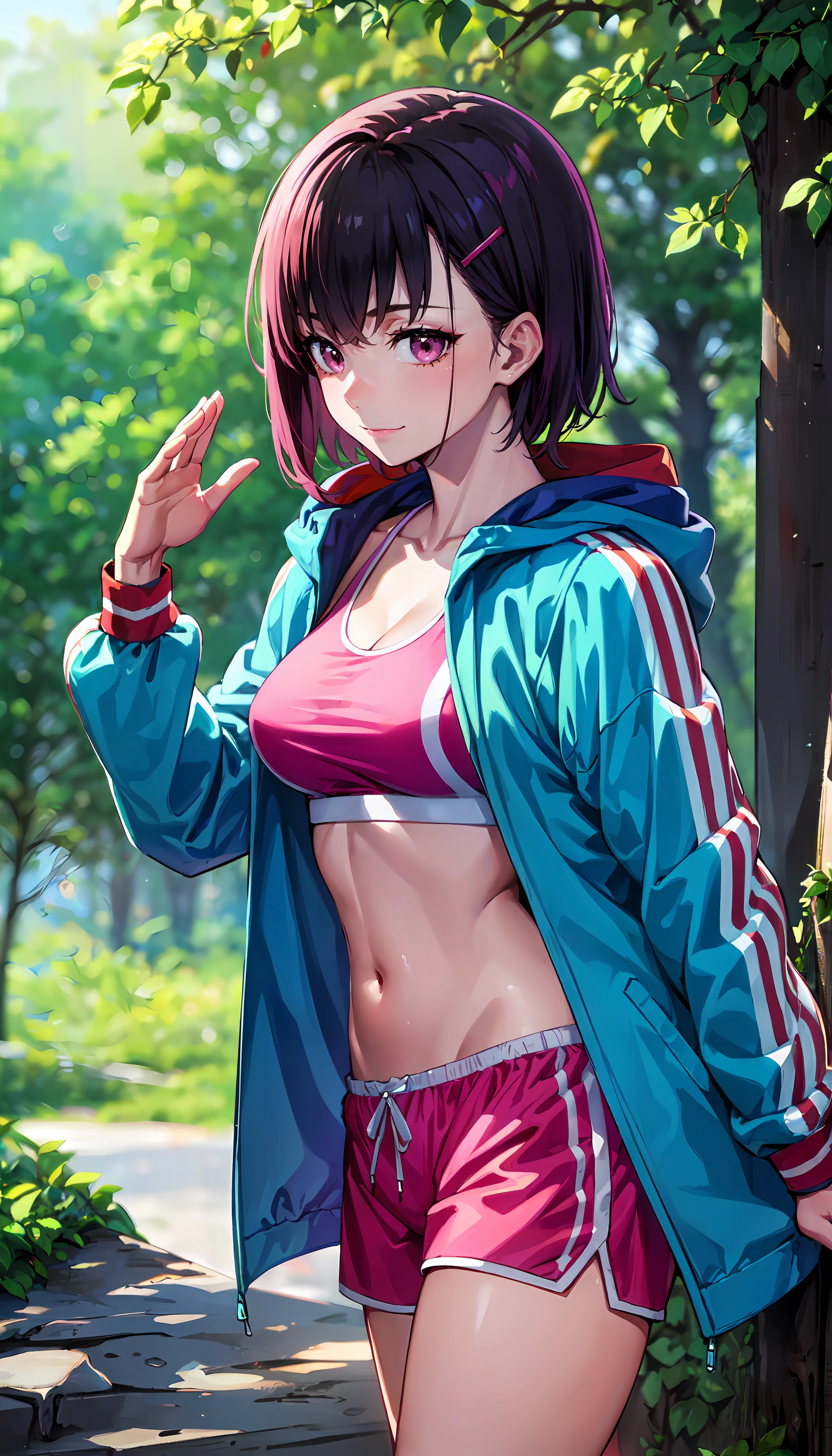 photorealistic, (4k), depth of field, (Masterpiece), (realistic skin texture), extremely detailed, intricate, hyper detailed, professional photography, bokeh, high resolution, sharp detail, best quality, girl, short hair, black hair, pink eyes, pink sports bra, pink shorts, colorful blue jacket, oversized jacket, hairclip, bangs, dynamic pose, reclining , <lora:GoodHands-beta2:0.8> , <lora:detail_slider_v4:0.8> , <lora:Mikazuki Shizuka-000004:0.7> , outdoors, forest, trees, dense vegetation, vines, forest path,