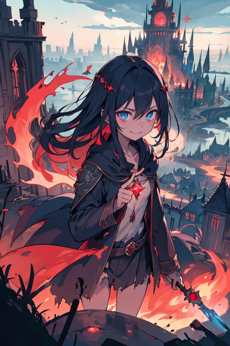 (finely detailed image),
dirty poorly dressed girl, legendary red fire wizard,
torn wise man clothes, holds magical ruby's wand, piercing, dark blue eyes,
fearless smile, incredible energy,
in hell metropolis, landscape,