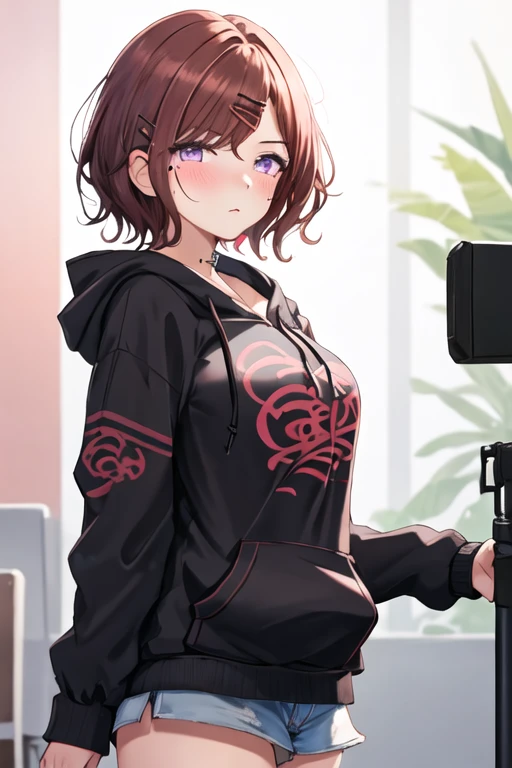 best quality, masterpiece, highres, solo, {higuchi_madoka_theidolmstershinycolors:1.15}, short_hair, brown_hair, mole, mole_under_eye, bangs, hair_ornament, hairclip, purple_eyes, blush, breasts, 1girl, looking_at_viewer, simple_background, upper_body, hood, hoodie, jacket, white_background, brown_hoodie, closed_mouth