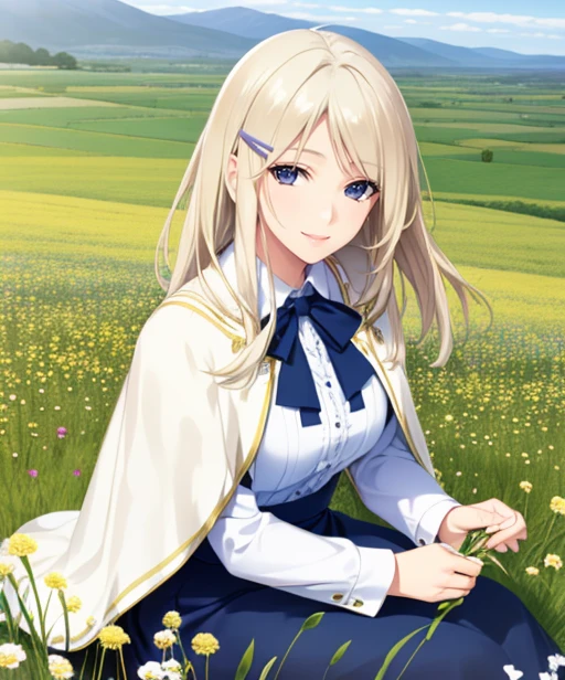 portrait, (adult woman), sitting, picking flowers, (1girl, solo), smile, (blonde hair), ((field, rolling hills)), (distant mountains), ((best quality, high detail)), ((masterpiece)), hairclip, cape, <lora:1_iizukitasuku_20e:1>