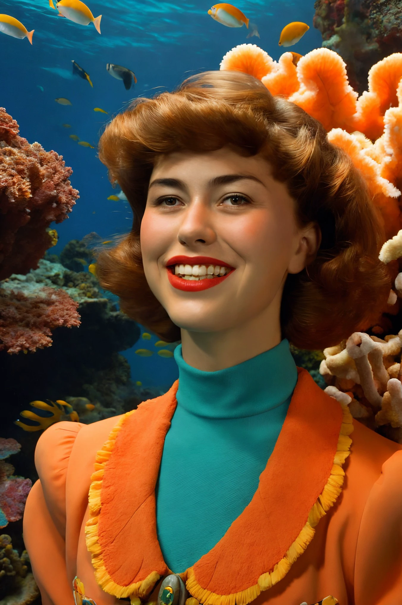 kimbra face closeup, 1990s, gorgeous, closeup, upper body,
andrew vasiliev style,,
dieselpunk,
Orange shirt,
highres, detailed, well dressed, realistic,
Vibrant coral reef and diverse marine life at the background, best quality, masterpiece, <lora:kimbra:0.65>