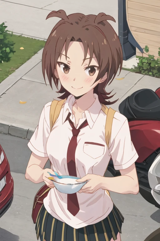 best quality, masterpiece, highres, solo, {yuzu_iizuka_sakuratrick:1.15}, brown_hair, blush, brown_eyes, short_hair, necktie, 1girl, school_uniform, smile