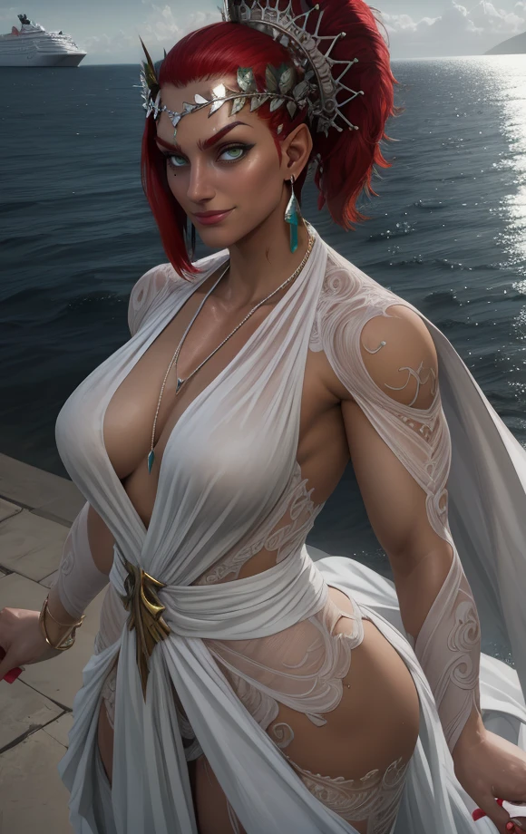 Marisa,green eyes,red hair,mohawk, silver Leaf Crown
evil smile,looking at viewer,muscular,cleavage,
jewelry,see-through,earrings,necklace,white dress,
upper body,standing,smile,
cruise ship,morning,
(insanely detailed, beautiful detailed face, masterpiece, best quality) cinematic lighting,solo,<lora:marisaS3:0.8>,