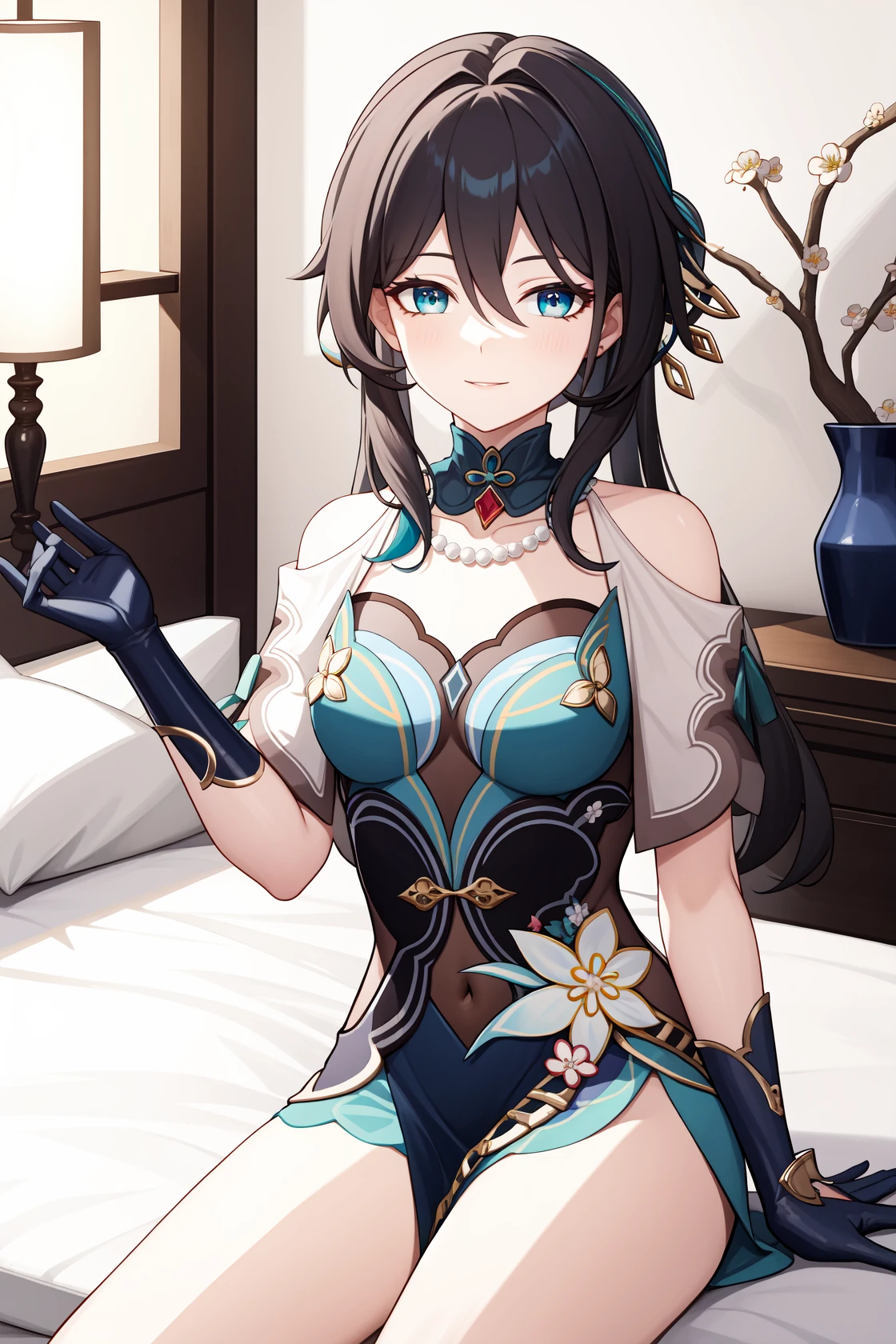 ruanmei,bangs,long hair,dress,gloves,hair between eyes,jewelry,hair ornament,blue eyes,black hair,flower,black gloves,blue dress,<lora:鮿¢
2-000011:1:lbw=role>,indoors,bedroom,sitting on bed,light smile,rosaria,, 1girl,
, (masterpiece,best quality:1.2),absurdres