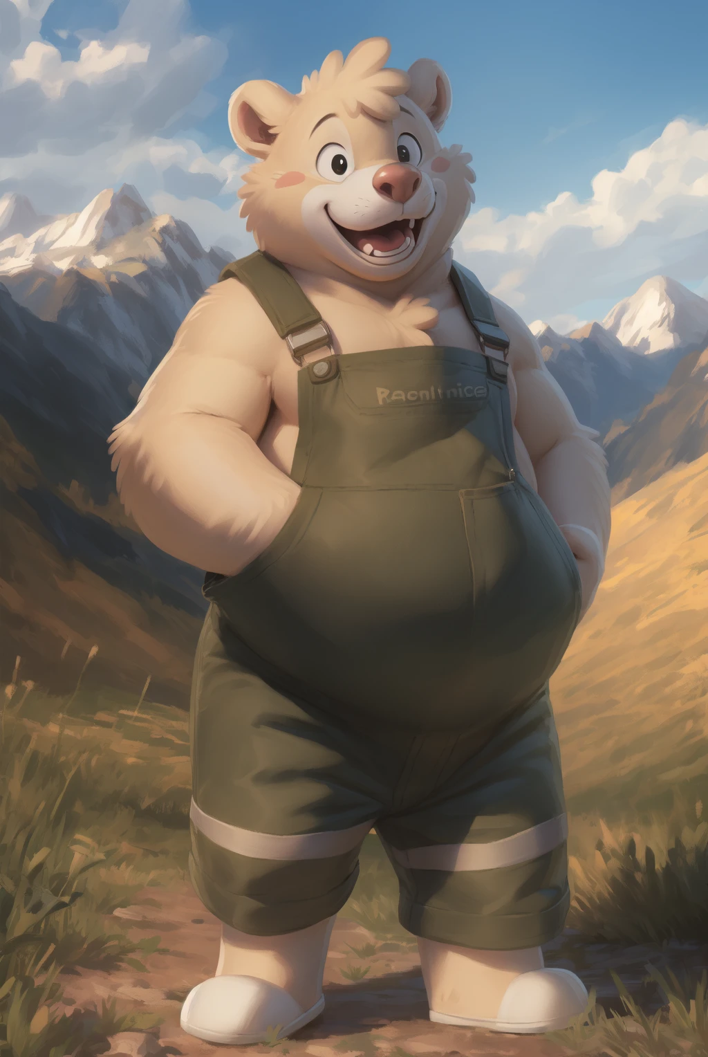 <lora:pile-08:1>, pilebitc, male, solo, chubby male, belly, (pose:1.3), (posing:1.3), (soft shading), 4k, hi res, ((detailed face, black eyes, detailed)), by zackarry911, by zaush, (by personalami:0.5), solo, looking at viewer, smile, open mouth, 1boy, standing, full body, male focus, teeth, no humans, fangs, flat color, overall, meadow