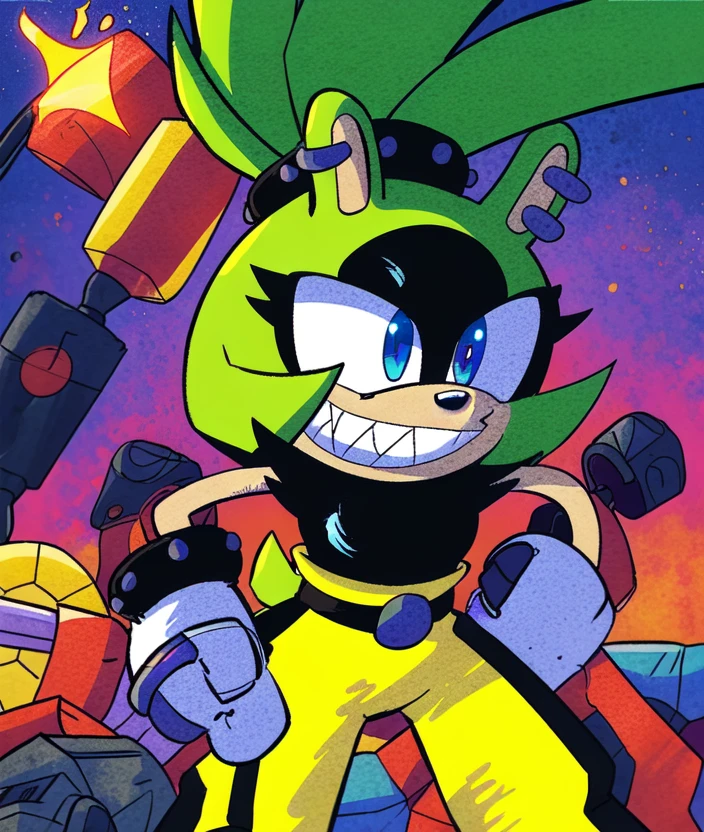 surge the tenrec, female, blue eyes, sleeveless shirt, yellow pants, gloves, grin, sharp teeth, <lora:Surge022BB95:1>