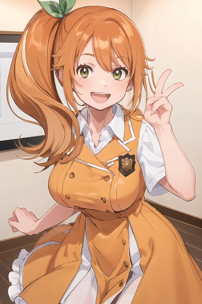 masterpiece, best quality, 1girl, highly detailed face, hareru, large breasts, white collared shirt, orange dress, :d, <lora:hareru-06:1>