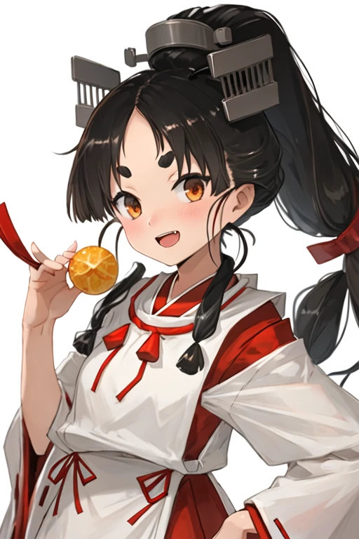 best quality, masterpiece, highres, solo, {nisshin_kantaicollection:1.15}, black_hair, long_hair, brown_eyes, short_eyebrows, high_ponytail, thick_eyebrows, very_long_hair, multi-tied_hair, ribbon, red_ribbon, hair_tie, headgear, open_mouth, miko, smile, hair_ornament