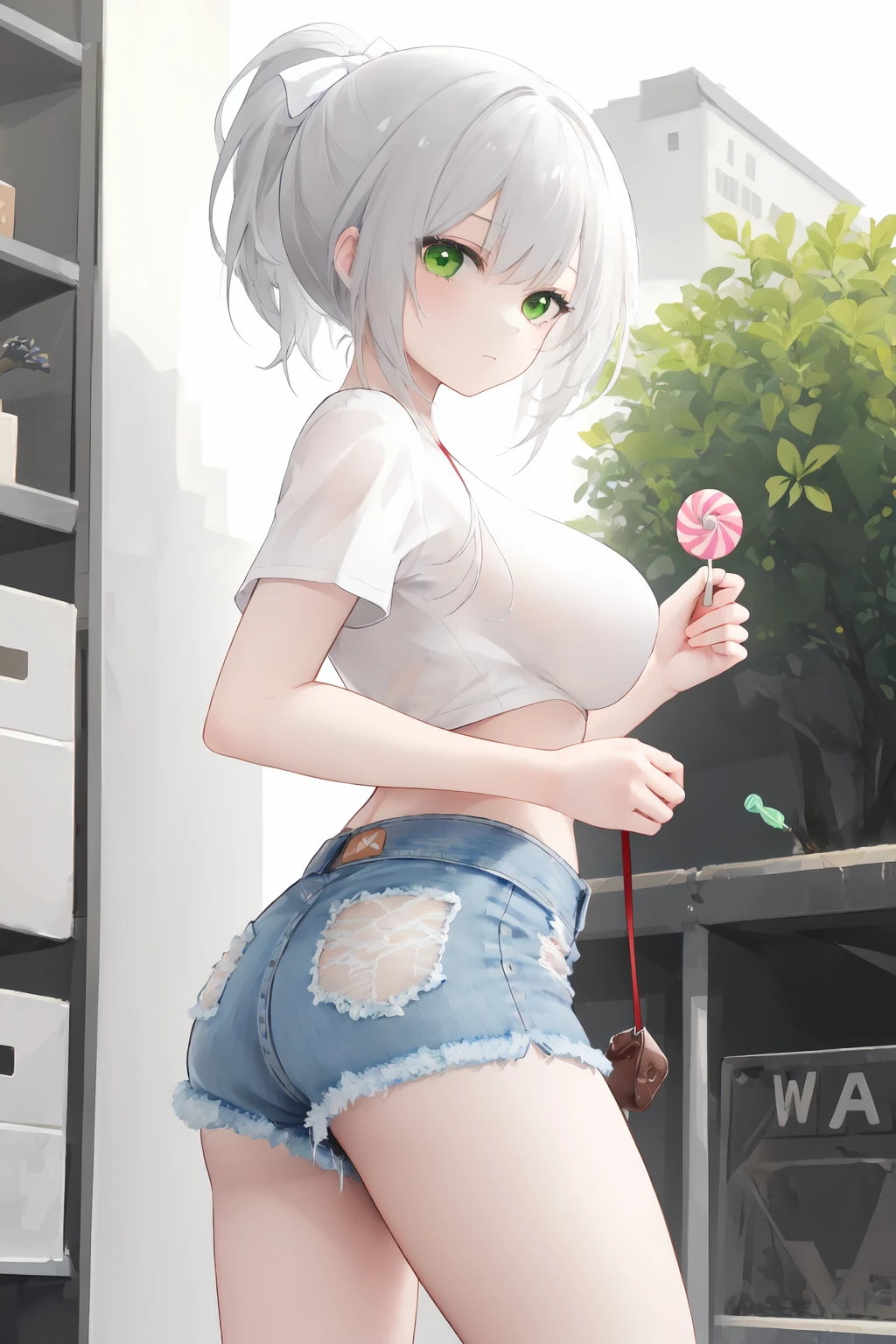 1girl,candy,solo,green eyes,breasts,white shirt,food,looking at viewer,holding,cross-laced clothes,short sleeves,short hair,thighs,ass,short shorts,white hair,bangs,denim,ponytail,large breasts,holding food,closed mouth,standing,crop top,denim shorts,leash,medium breasts,holding candy,ribbon,