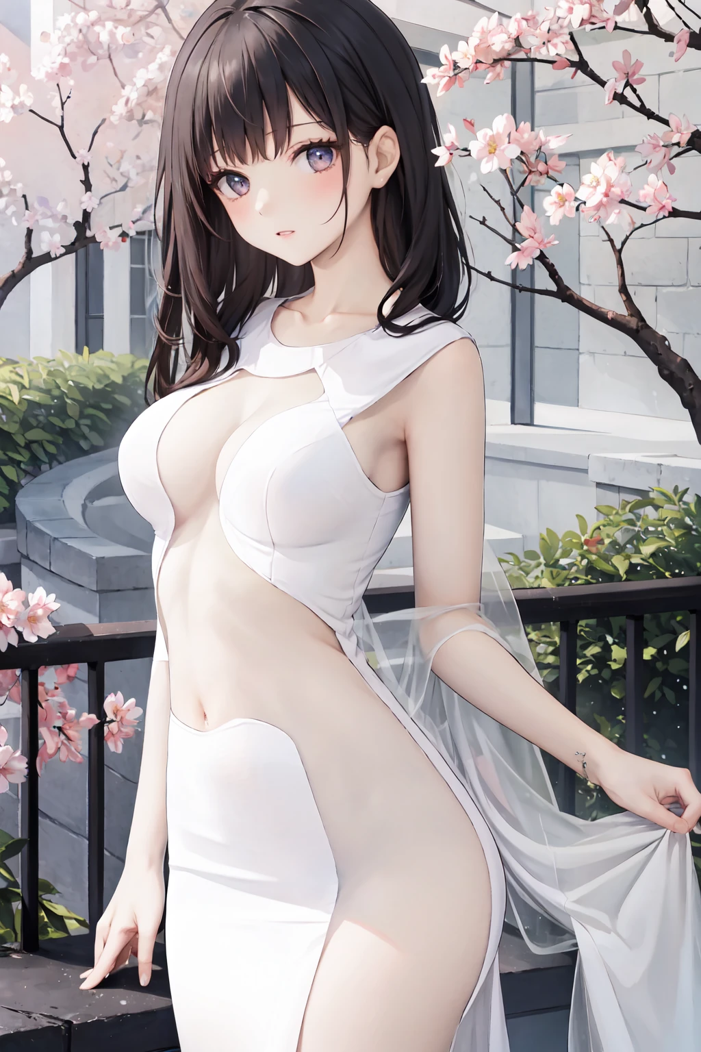masterpiece,best quality,highres,ultra-detailed,cowboy_shot,solo,1girl,medium_breasts,straight_long_hair,standing,outdoors,garden,cherry blossom,trees,middle_see_through_dress,dress,see-through,navel,center opening,<lora:middle_see_through_dress:1>,
