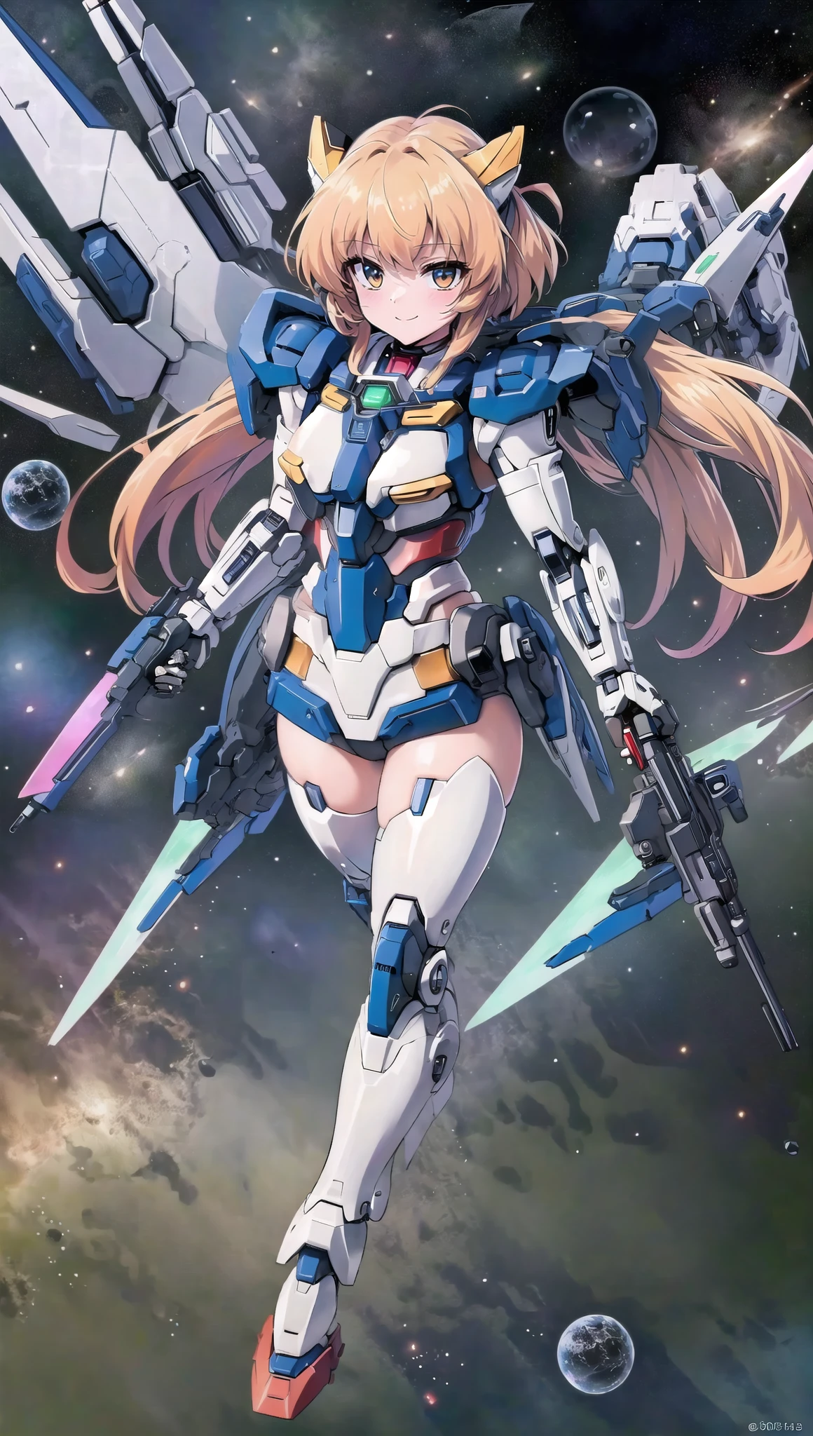 (masterpiece,  best quality,  ultra-detailed,  8K,  ),  high detail,  seductive_pose,  1girls,  fly,  floating on space,  floating_hair,  smiling eyes,  symmetry, mechanical,  golden mecha_musume,  sexy,  , bg_imgs, 
00_gundam,  gundam,  solo,  holding,  standing,  weapon,  holding weapon,  gun,  no humans,  robot,  mecha,  science fiction,  shield,  holding shield,  v-fin,  energy gun,  mobile suit,  beam rifle,<lora:EMS-69692-EMS:1.200000>,<lora:EMS-99687-EMS:0.700000>