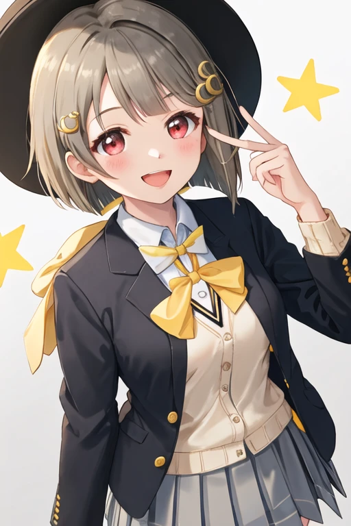 best quality, masterpiece, highres, solo, {nakasu_kasumi_loveliveschoolidolfestivalallstars:1.15}, short_hair, bangs, red_eyes, brown_hair, blush, smile, bob_cut, hair_ornament, bow, asymmetrical_hair, grey_hair, 1girl, black_jacket, blazer, cardigan, collared_shirt, crescent, crescent_hair_ornament, jacket, neck_ribbon, nijigasaki_academy_school_uniform, open_mouth, school_uniform, shirt, white_shirt, winter_uniform, long_sleeves, looking_at_viewer, ribbon, white_background, yellow_ribbon, plaid, plaid_skirt, pleated_skirt, simple_background, skirt, :d, hairclip, white_skirt