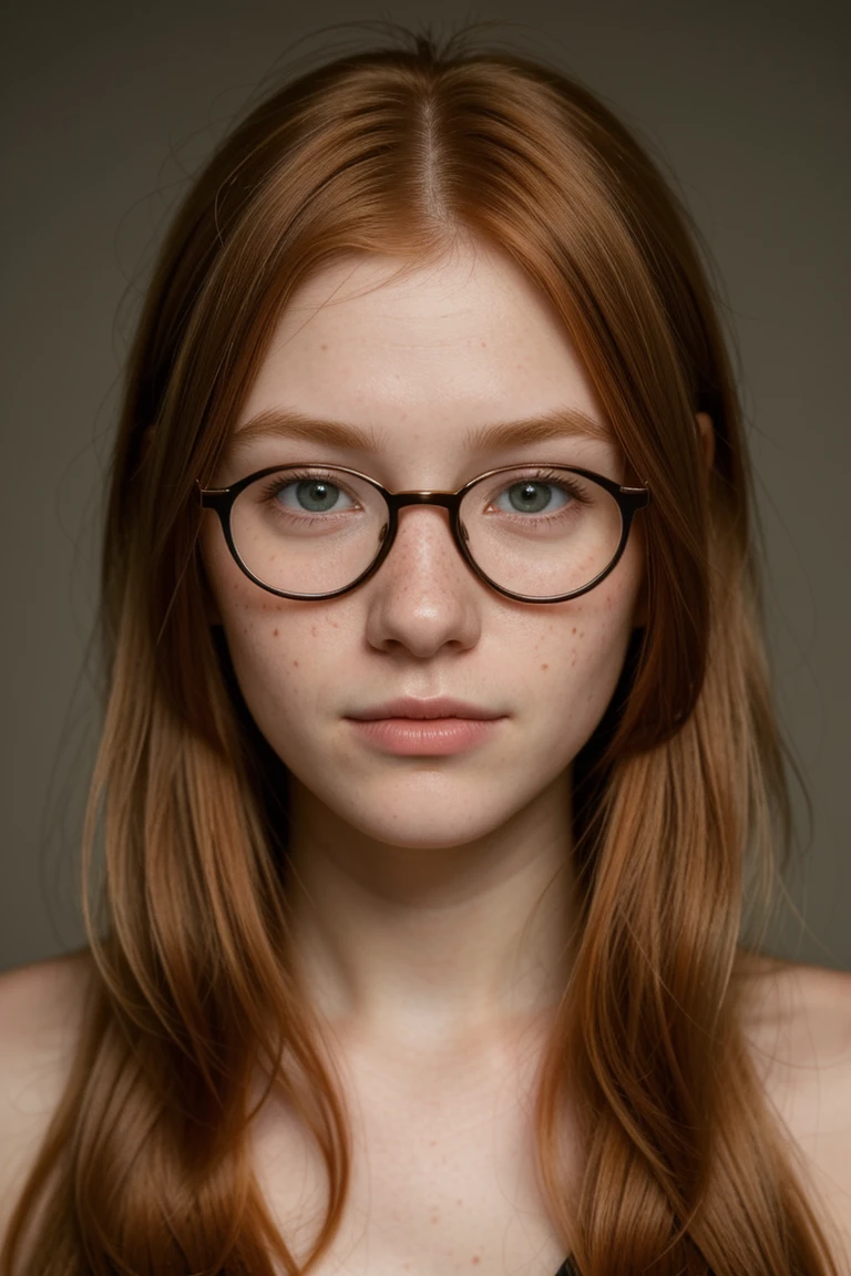 professional, masterpiece, 8k, hyperrealistic portrait of a 20yo cute ginger girl, long hair, redhead, glasses, (looking shy:1.3), freckles, detailed face, detailed skin, photography, hq, photorealistic,