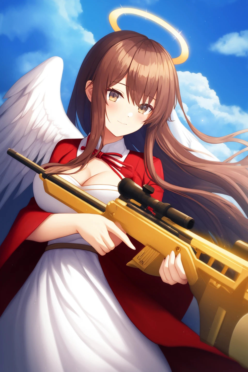 1girl, white dress, angel, halo, sky, flying, weapon, holding sniper, clouds, angel wings, medium breasts, cleavage, aiming