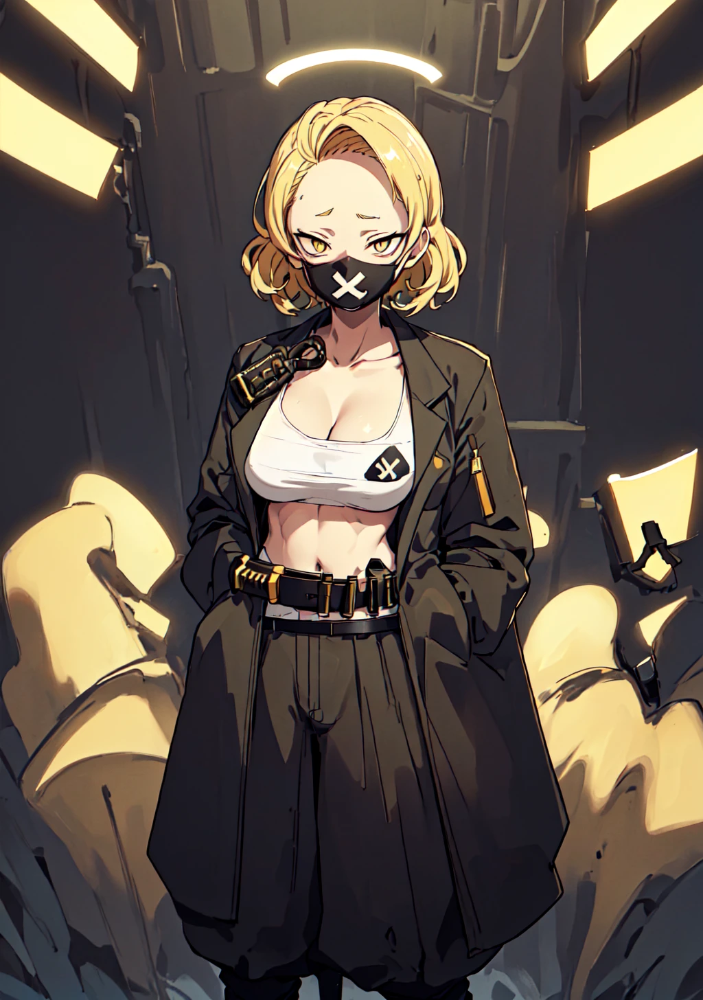 simple background, standing, hands in pockets, looking at viewer, 1girl, <lora:Char - Blue Archive - Sukeban (MG) v2:0.8>, sukebanmg, yellow eyes, blonde hair, forehead, halo, large breasts, black coat, bandolier, sarashi, belt, baggy pants, high heels,