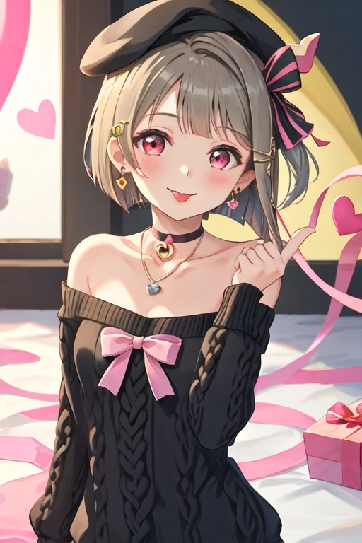 best quality, masterpiece, highres, solo, {nakasu_kasumi_loveliveschoolidolfestivalallstars:1.15}, short_hair, bangs, red_eyes, brown_hair, blush, smile, bob_cut, hair_ornament, bow, asymmetrical_hair, grey_hair, 1girl, hat, looking_at_viewer, braid, jewelry, earrings, sweater, ribbon, hair_bow, side_braid, tongue, tongue_out, :p, pink_eyes, beret, birthday, choker, collarbone, heart, pink_headwear