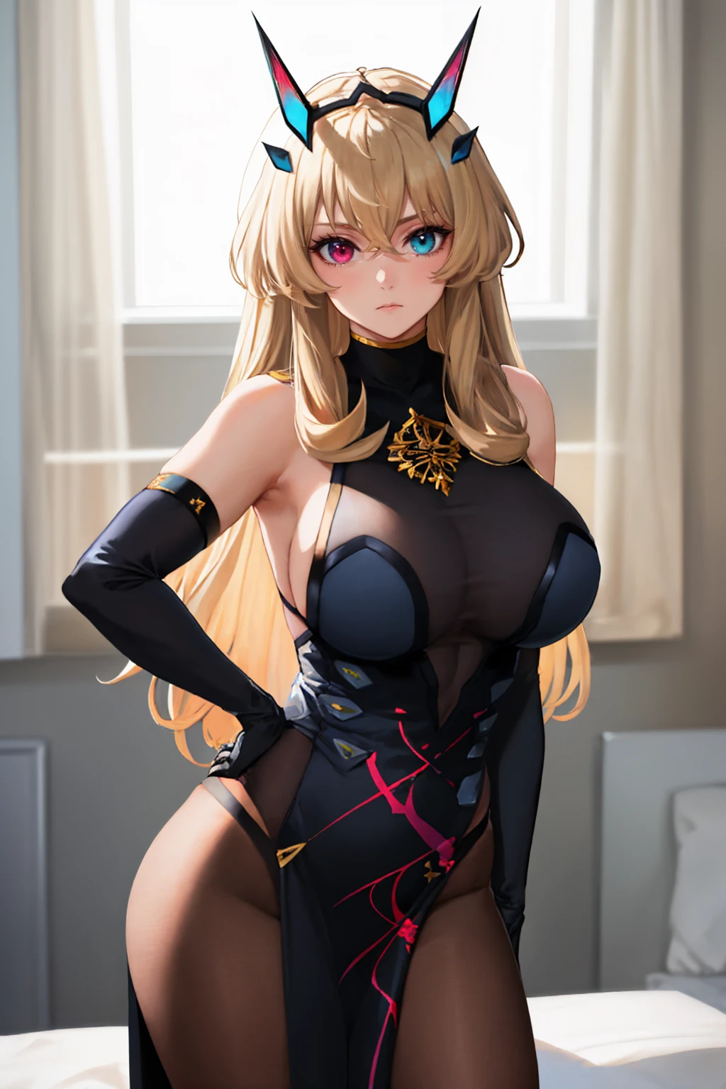 (masterpiece, best quality:1.2), solo, 1girl, barghestst2, expressionless, looking at viewer, horns, heterochromia, black dress, sideboob, pelvic curtain, armor, shoulder armor, single pauldron, black gloves, elbow gloves, brown pantyhose, bare shoulders <lora:fate_barghest-10:1>
