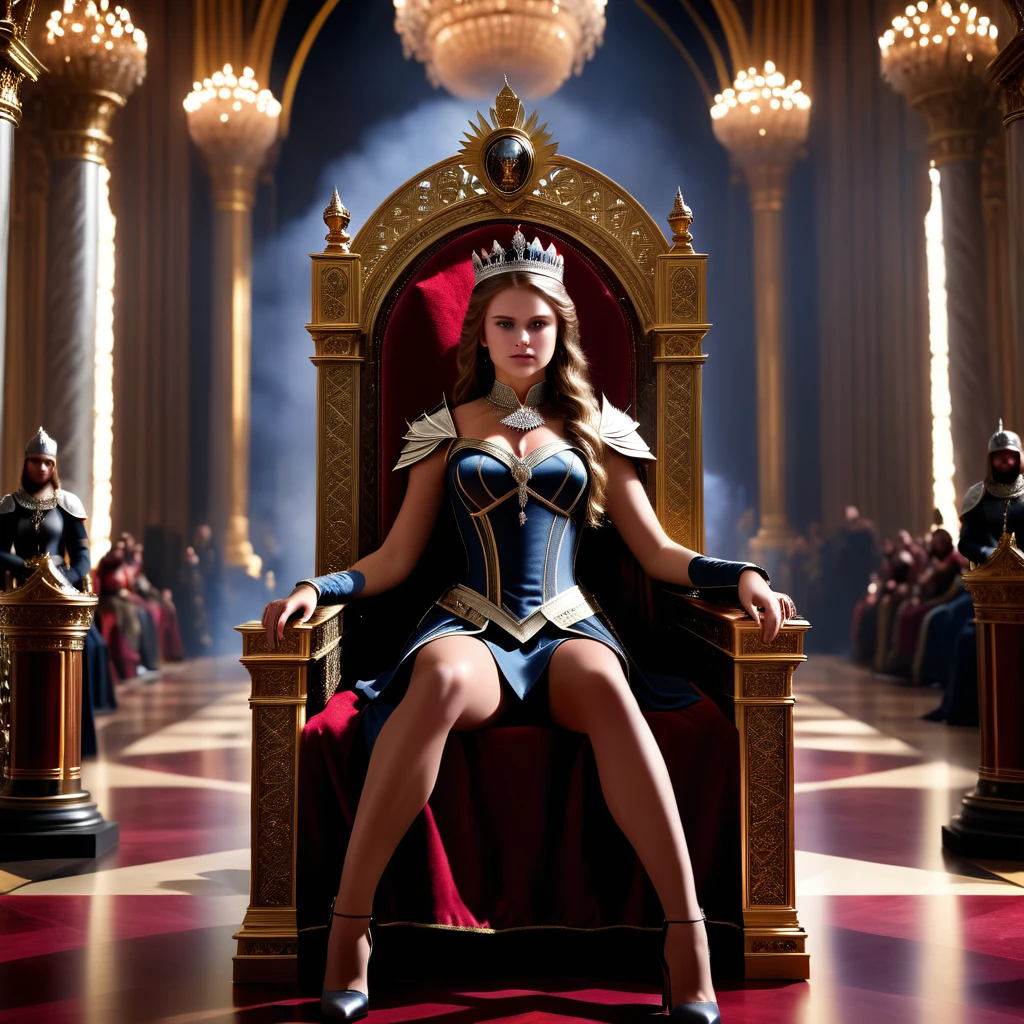 teen Anora Ubelle the queen, royale style, sitting in throne pose, throne room background, raw, masterpiece, zoomed out:-.80, ultra best picture, ultra intricate creative detail, hyper realistic detail, ultra hyper photo realism, hyper immersive visuals, 1080p, HD, VFX, SFX, FKAA, TXAA, RTX, SSAO