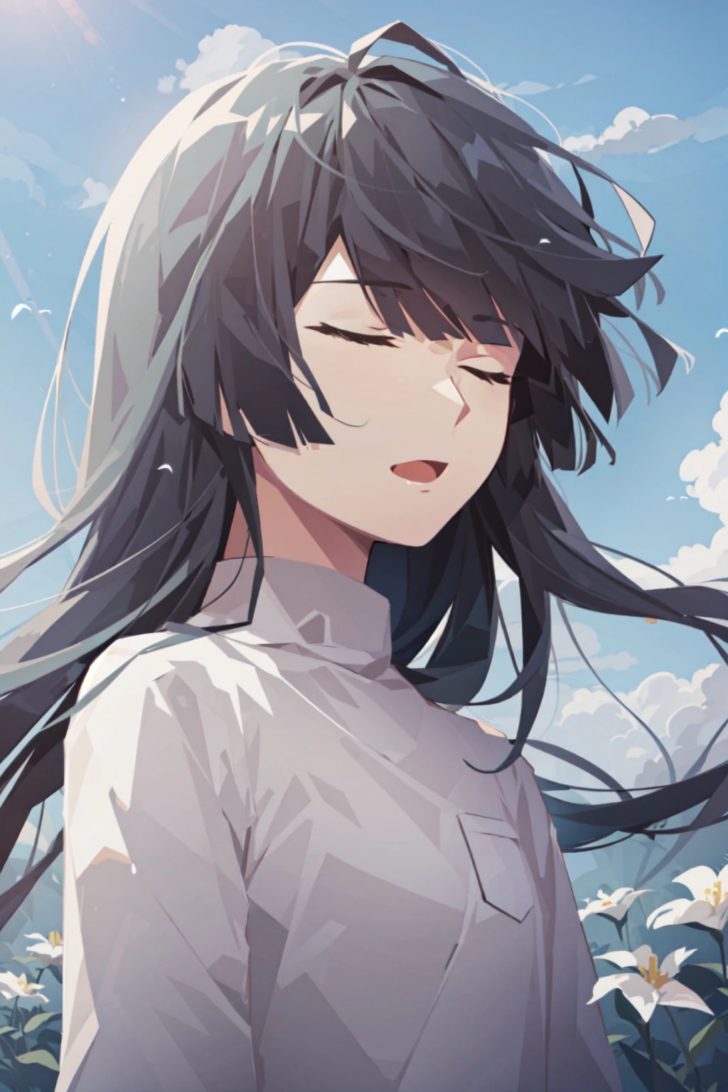 masterpiece,best quality, solo, eda, 1girl, grey eyes, bangs, closed eyes, black hair, <lora:Eda_24_Jan18-000040:0.6>,upper body, white flower,sing, blue sky, cloud,